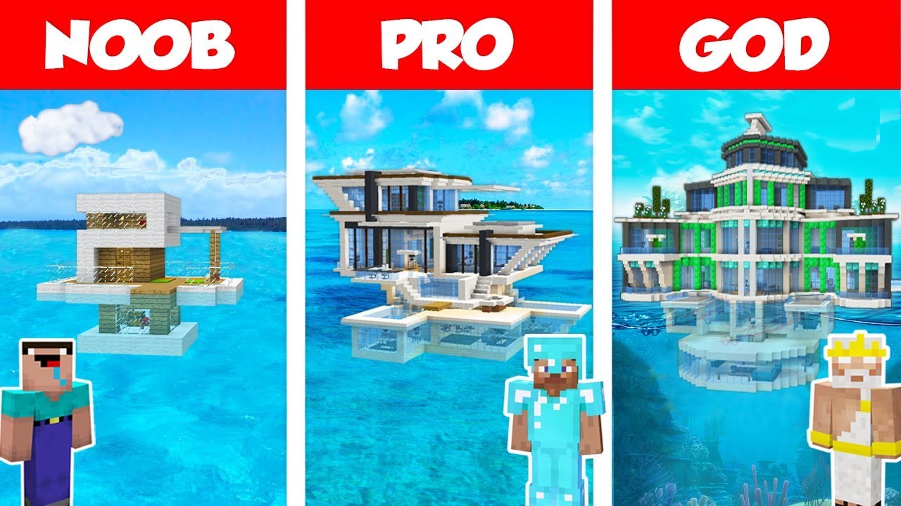 Minecraft Noob Vs Pro Vs God Modern House On Water Build Challenge In Minecraft Animation - noob king model roblox