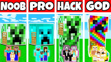 Minecraft: FAMILY CREEPER HEAD HOUSE BUILD CHALLENGE - NOOB vs PRO vs HACKER vs GOD in Minecraft