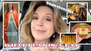 WHAT I EAT IN A DAY after losing 40lbs on keto/painting a concrete statue/thrift shopping