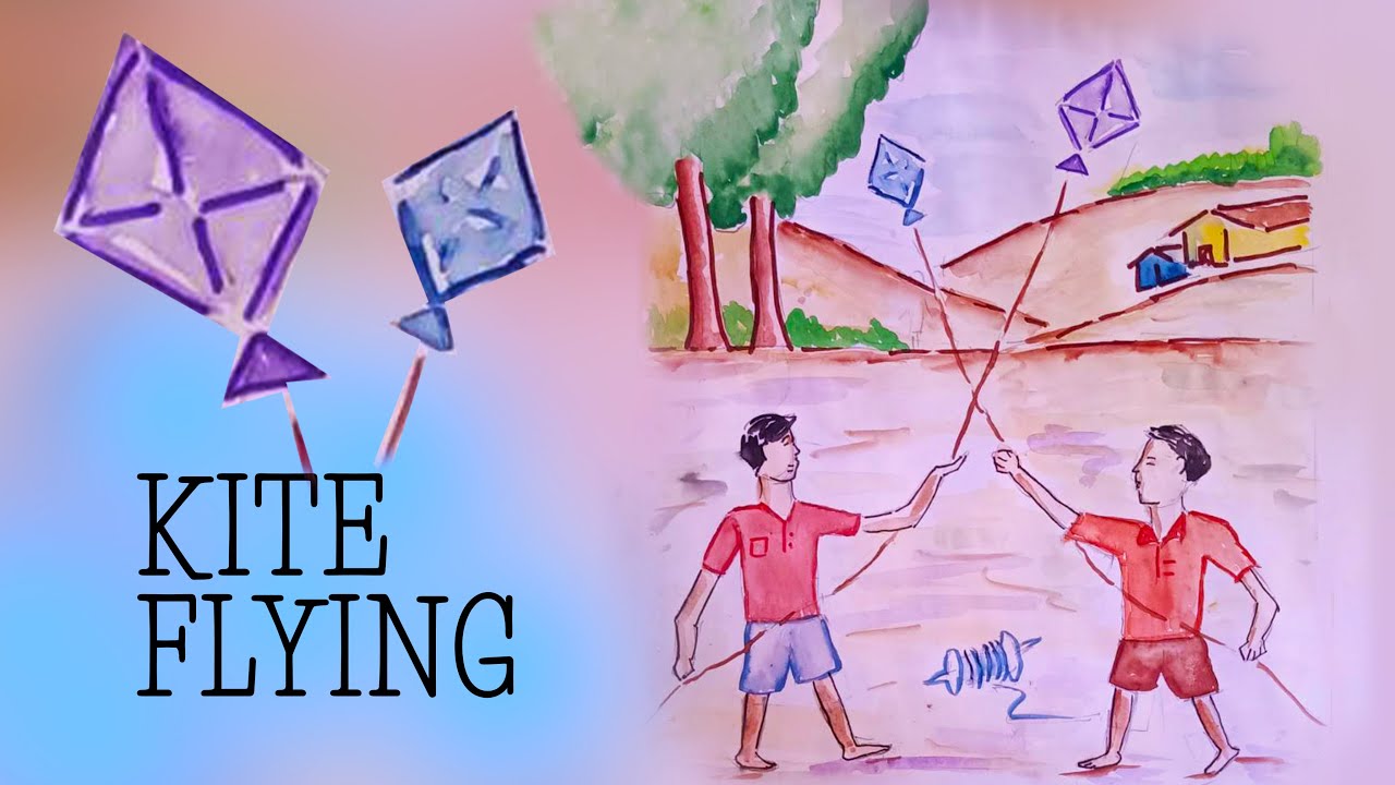 How to Draw Kids Flying Kites Makar Sankranti Drawing Festivals of