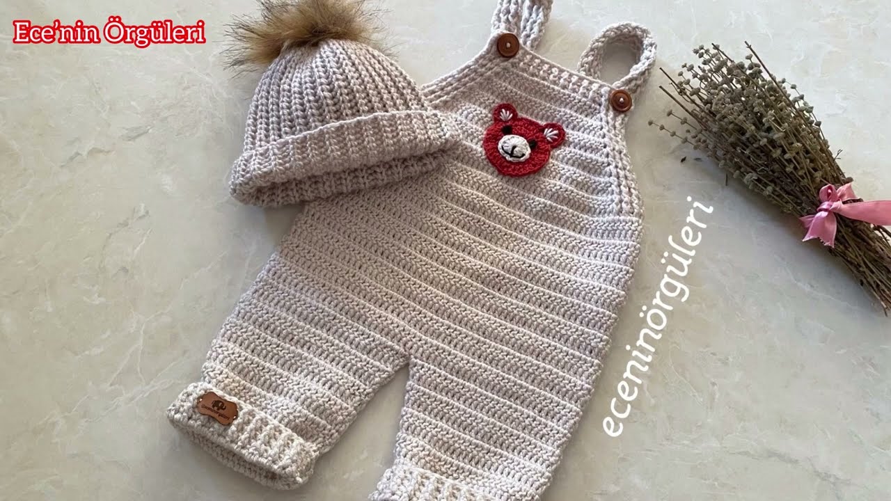 Very Cute Crochet Baby Romper / Tığ işi Ayı Aplikli Bebek Tulumu / Unisex Model Tulum / 3-6 ay için