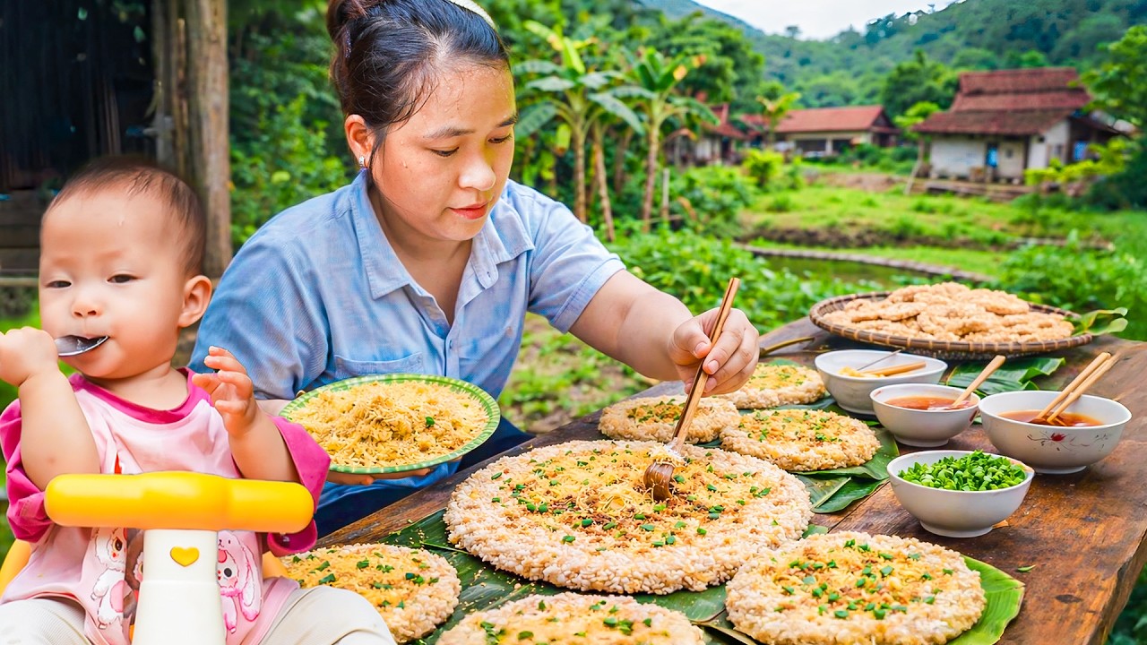 Ly Thi Ca Panen Padi Baru di Sawah & Membuat Nasi Kerak Gurih Bersama Putri Kecil