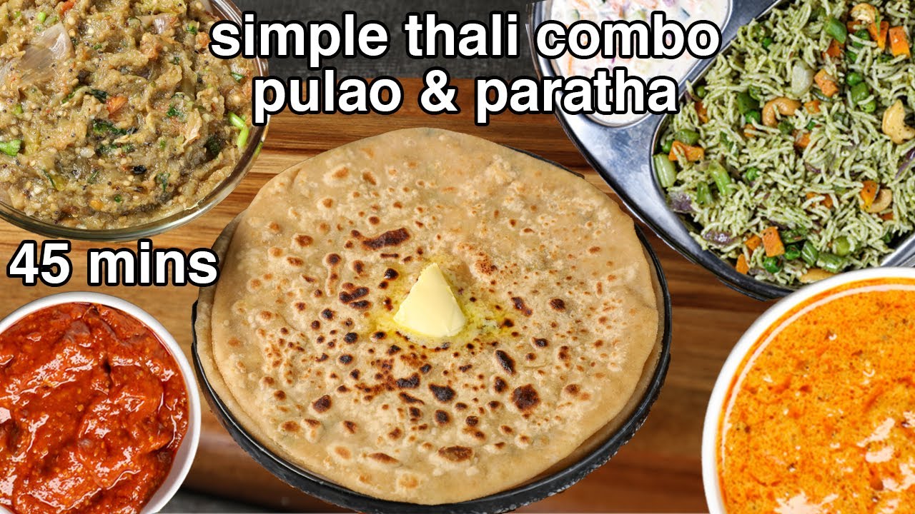 simple pulao paratha thali combo meal | aloo paratha, pulao & raita thali with baingan chutney | Hebbar | Hebbars Kitchen