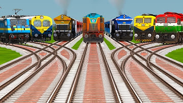 7 Trains 🌿 Passing By Bumpy Curved Branched Railroad Tracks | BeamNG Drive | train simulator game 