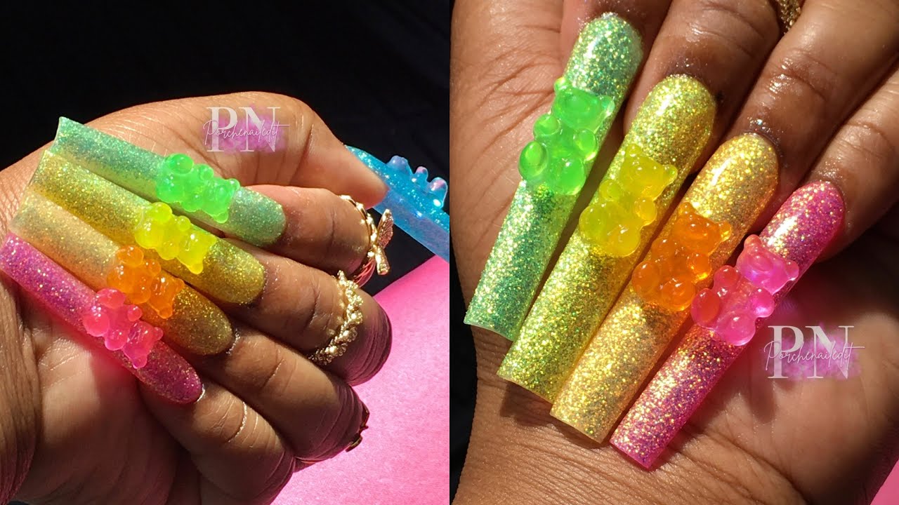 RAINBOW GLITTER GUMMY BEAR NAILS 🌈🧸 ACRYLIC NAIL TUTORIAL YouTube