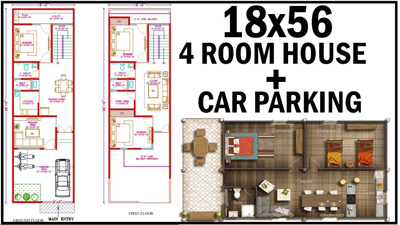 18 0 X56 0 House Plan With Interior 4 Room House Plan With Car Parking Gopal Architecture Youtube