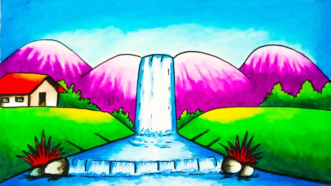 How To Draw Waterfall Scenery Step By Step. - YouTube