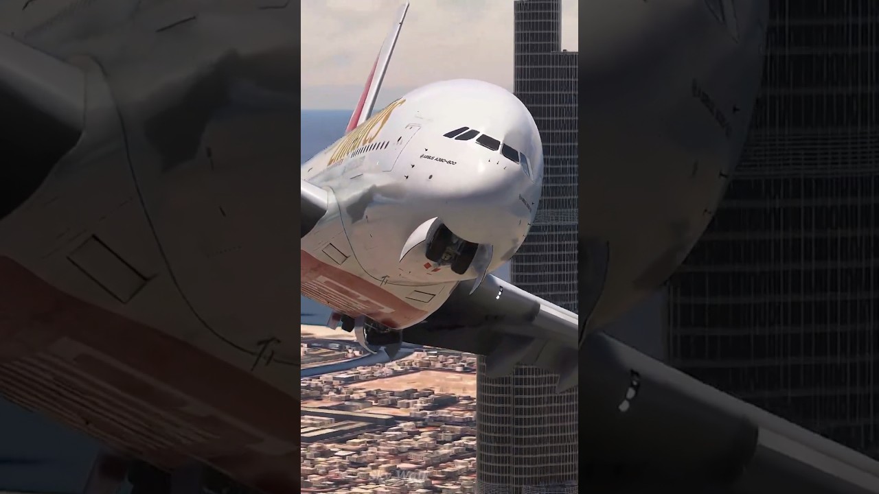 Emirates A380: Approach to Dubai International Airport via Burj Khalifa