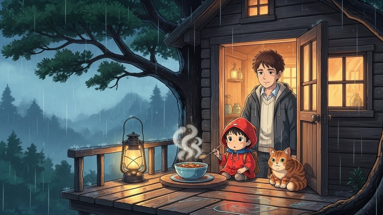 A Rainy Night in a Hidden Treehouse | Warm Dinner & Forest Sounds | Ghibli ASMR