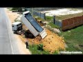Great Action KOMATSU Bulldozer D58P Pushing &amp; Dump Truck Load Of Soil Fill Up Process Big Project
