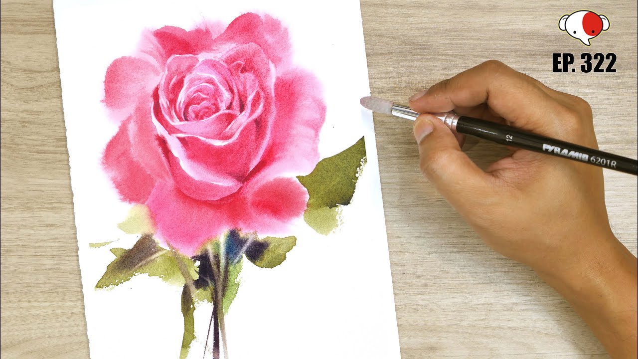สอนวาดรูปกุหลาบสีแดง/ สีน้ำบนกระดาษ/ ครูช้างสอนวาด ตอนที่ 322