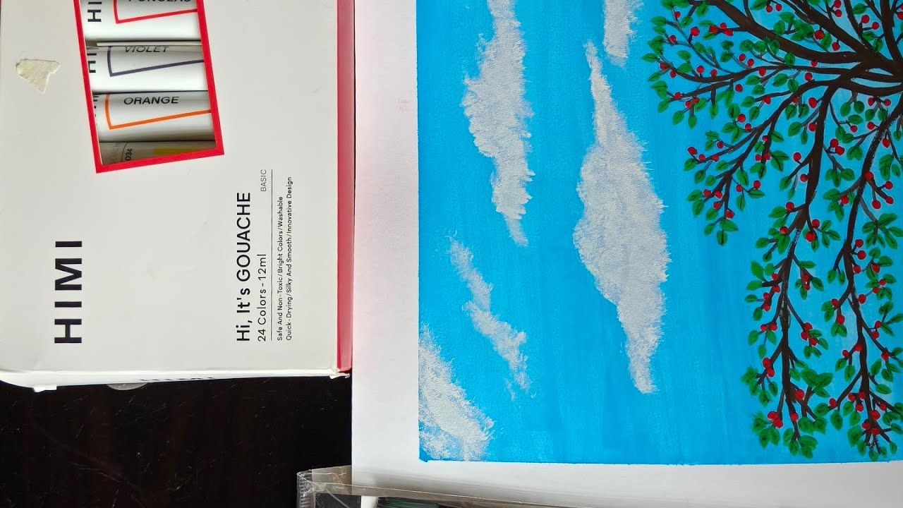 Let's draw a Cute Cherry Tree and vibrant sky | Himi Gouache for Beginners | Easy gouache art ideas