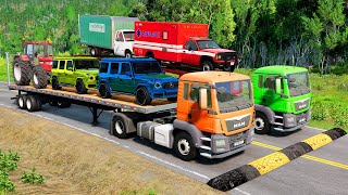 Double Flatbed Trailer Truck vs speed bumps|Busses vs speed bumps|Beamng Drive|10