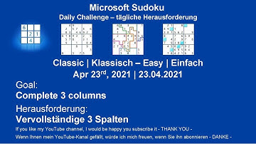 Sudoku Classic - Easy | Apr 23, 2021 | Goal: Complete 3 columns