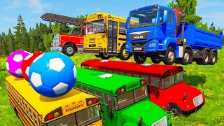 Double Flatbed Trailer Tractor rescue Bus - Cars Racing - Truck transporting Cars