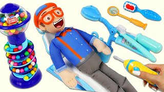 Blippi Eats too Many Gumballs from Spiral Candy Dispenser & Visits Toy Hospital Dentist Dr Checkup!