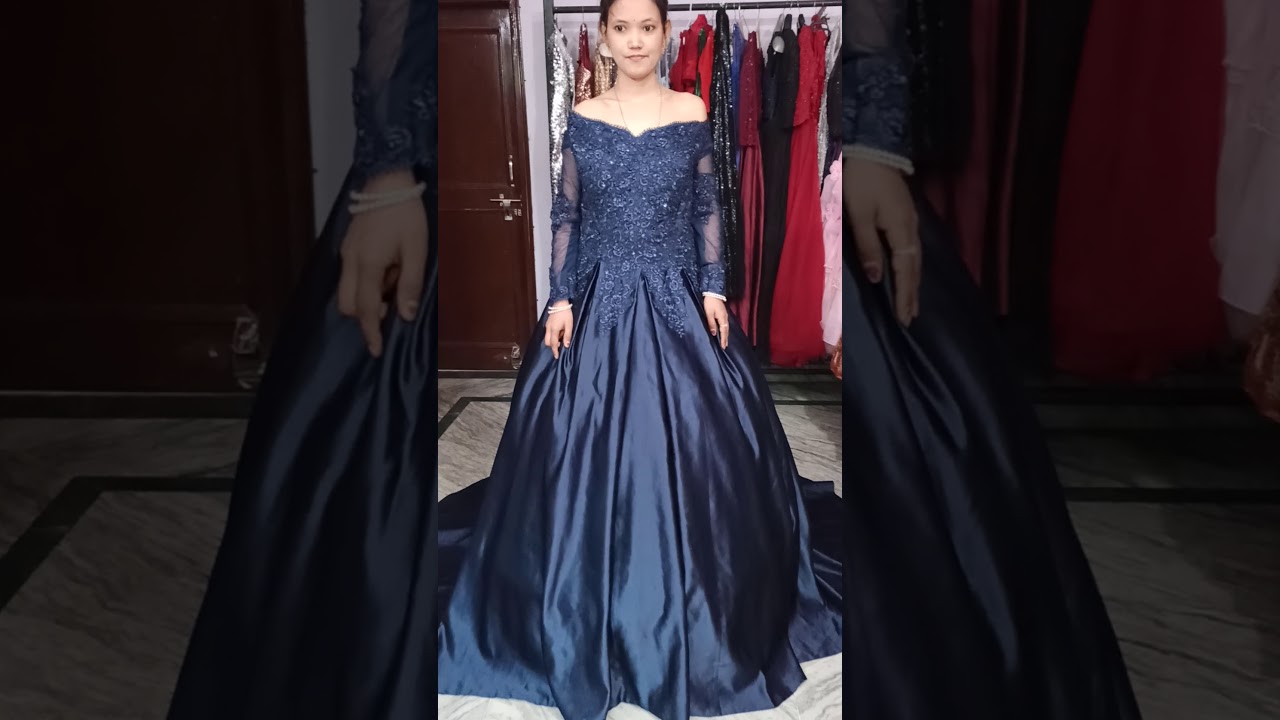 Gorgeous Long Sleeves Navy Blue Lace Beaded Long Prom Dresses, V Neck – Eip  Collection
