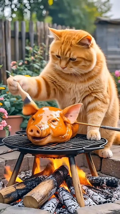 orange cat cooking pig #ai #cute #aicat #funny #funnycat  #catlover #cat #pets #kucinglucu #kucing