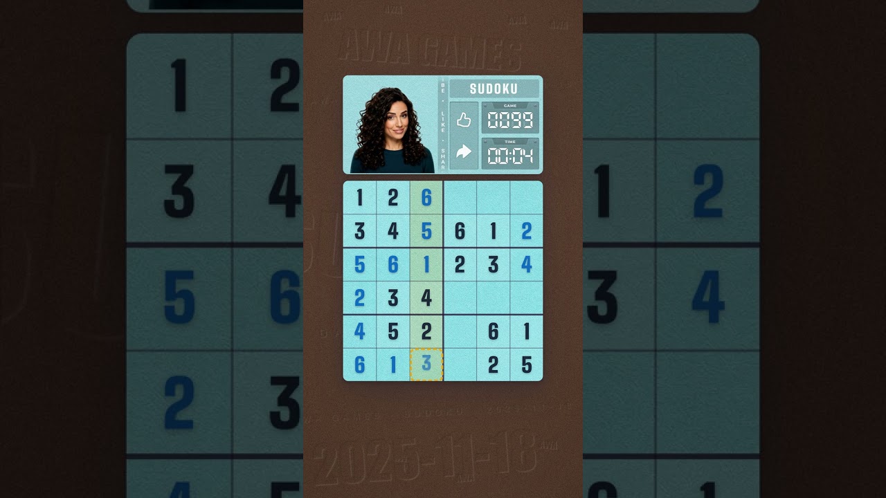 LinkedIn Mini Sudoku #99 solved board for November 18, 2025, 6x6 grid