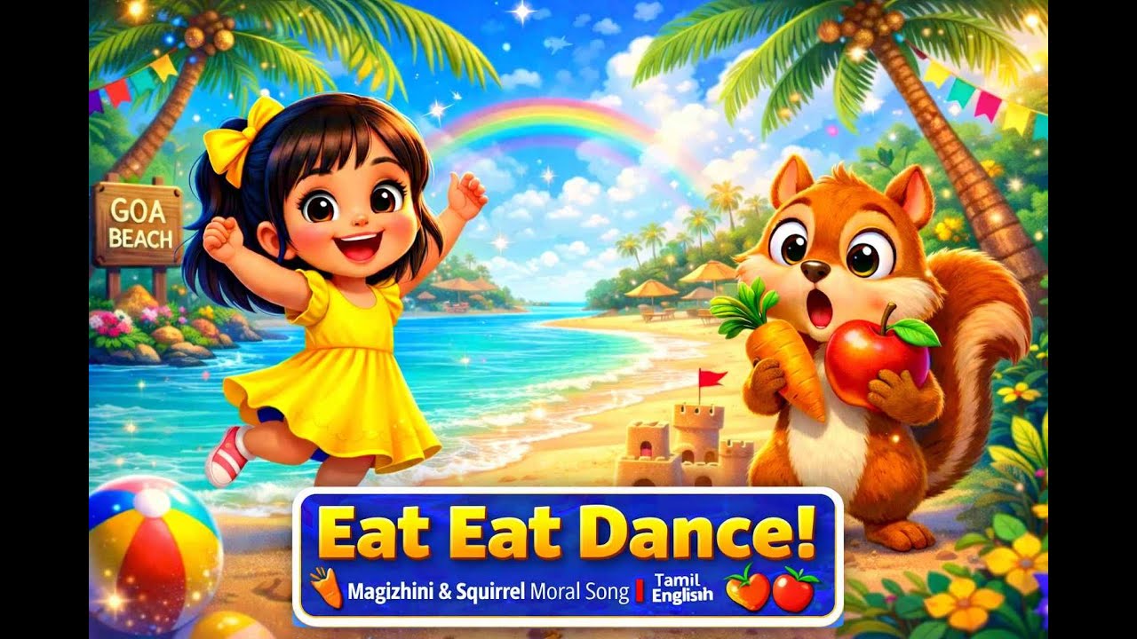 Eat Eat Dance! 🥕🍎| Squirrel Learns to Eat! 🐿️🍎 | Fun Kids Moral Song at Goa Beach| Tamil + English|