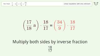 Linear equation with one unknown: Solve a/3-2a/9+5a/6=34/9 step-by-step solution