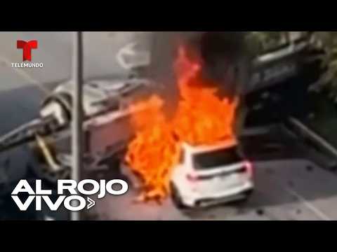 Grúa cae sobre tres autos y provoca un incendio en Miami
