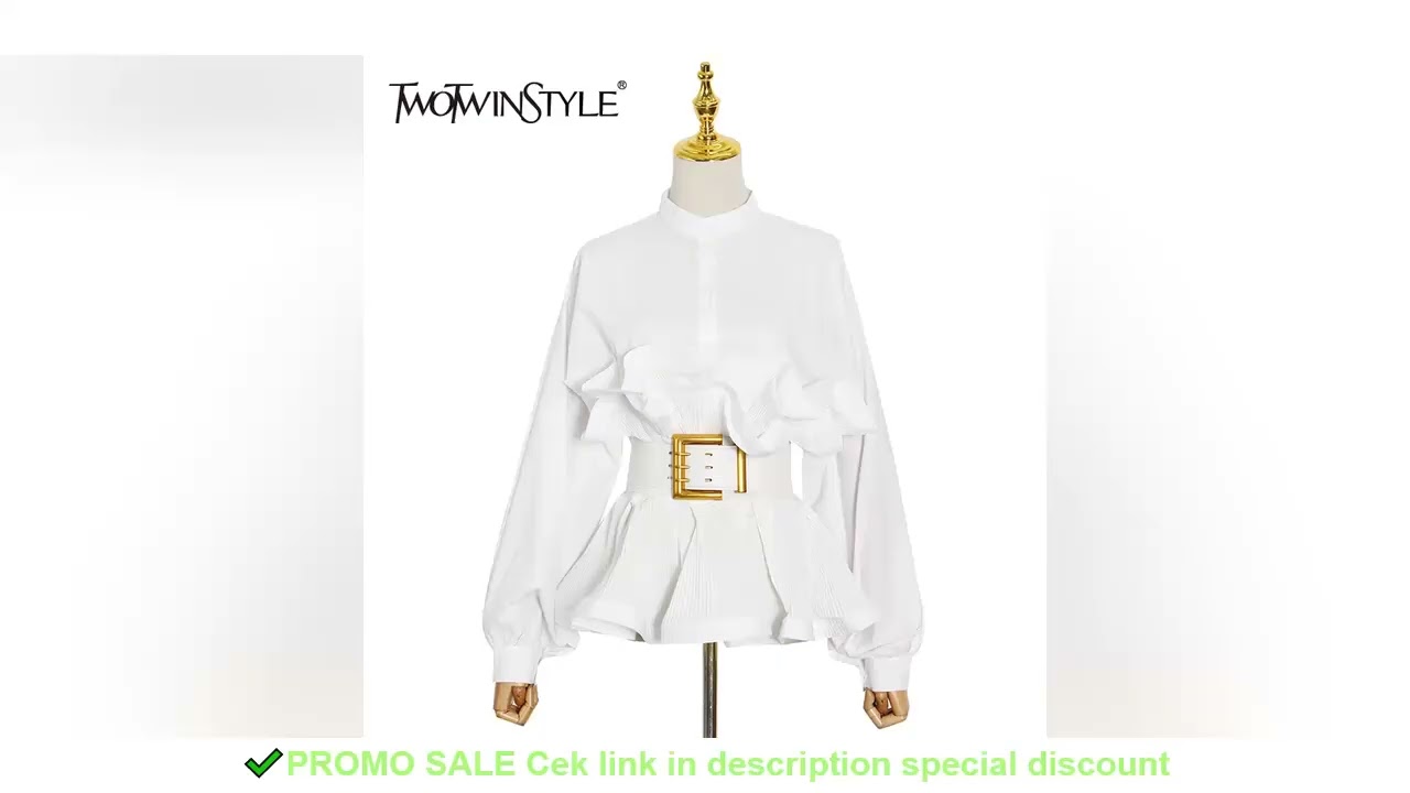 TWOTWINSTYLE Elegant Patchwork Ruffle Sashes Blouse For Women Stand Collar Long Sleeve Korean Tunic