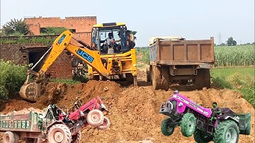 JCB 3DX plus working loader machine ki video and Eicher tractor 551 mitti trolley loading video