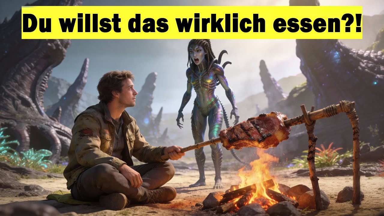 MENSCH RÖSTET ENTSPANNT SPITZENPRÄDATOR ÜBERM FEUER, WÄHREND SIE ENTSETZT ZUSIEHT