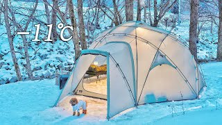 11℃ Solo Camping in Snow with My Dog . Relaxing in the Hot Tent . Wood Stove ASMR