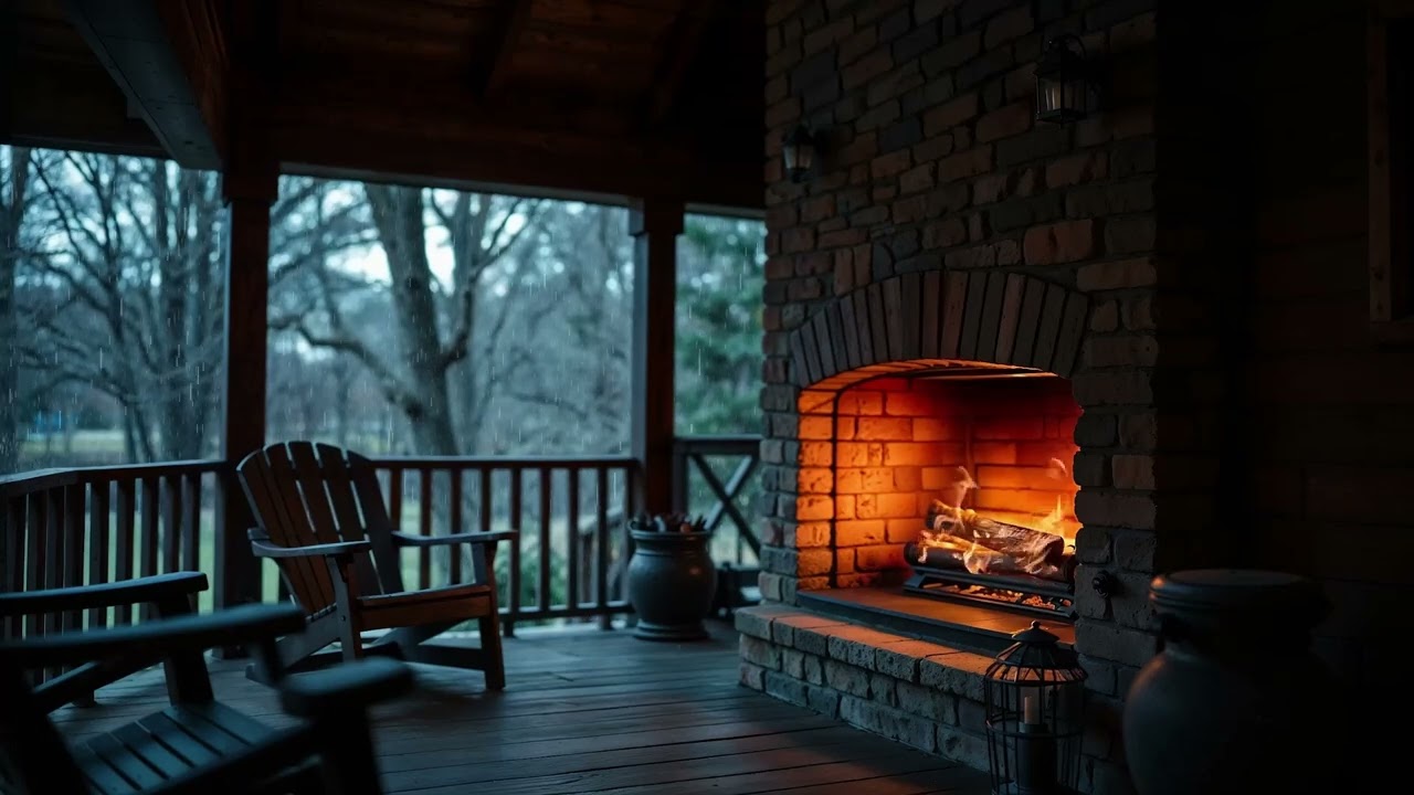 Rainy Night on Cozy Cabin Porch 🌧️ Fireplace & Soft Rain Sounds for Sleep (3 Hours)