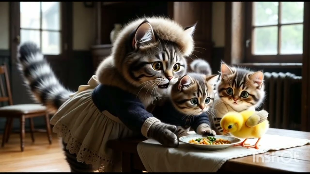 Mother cat rescue a chick in cold day || snowfall || ai story 