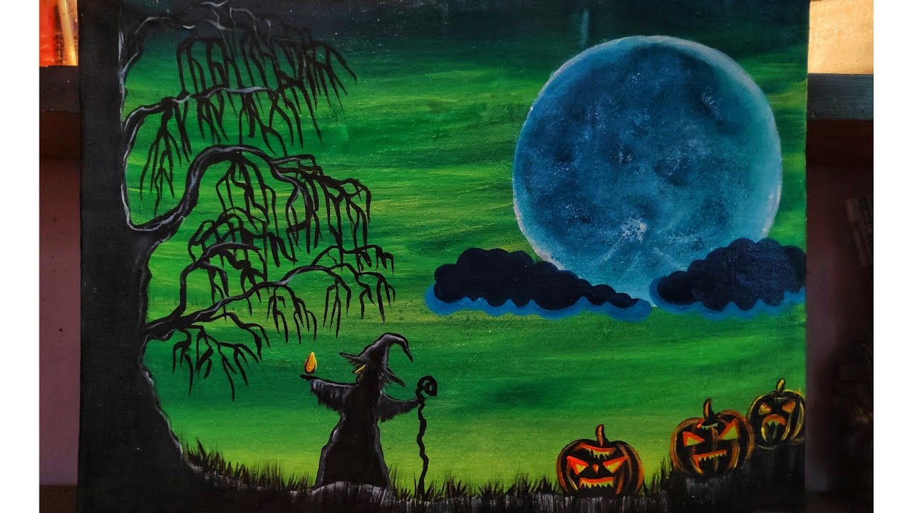 Happy Halloween Spooky Tree Witch And Pumpkin Patch Acrylic Painting On Homemade Canvas Youtube Happy Halloween Spooky Tree Witch And Pumpkin Patch Acrylic Painting On Homemade Canvas Youtube