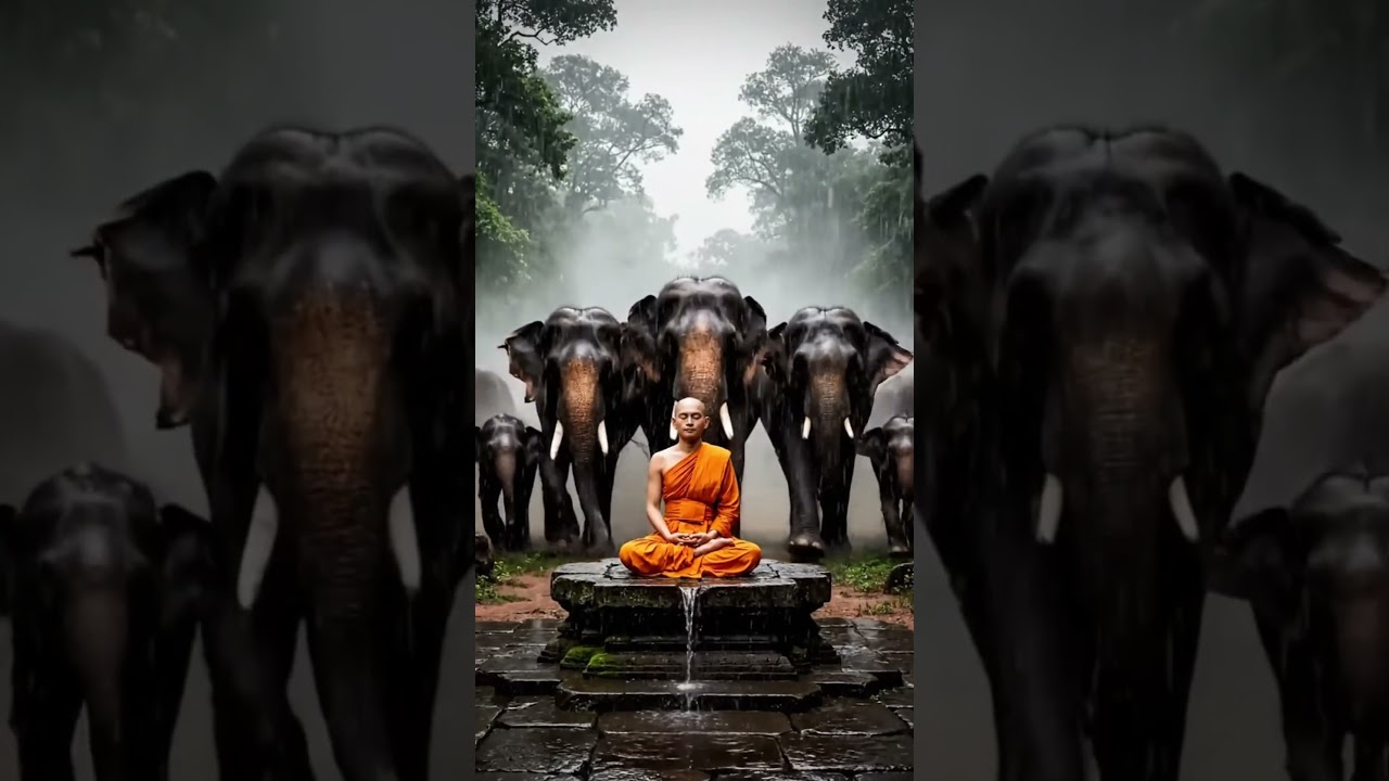 ช้างนอบน้อมก้มกราบพระท่ามกลางสายฝน