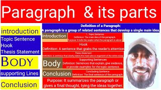 Paragraph and  parts ( introduction, body , and conclusion) topic sentence, hook, thesis statement