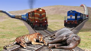 Elephant & Tiger vs Two Train | Stops the Train - Train Simulator