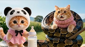 Mama Cat Attacked by Giant Python – Brave Kitten to the Rescue! | Cat Videos | Kucing | Meow Meow