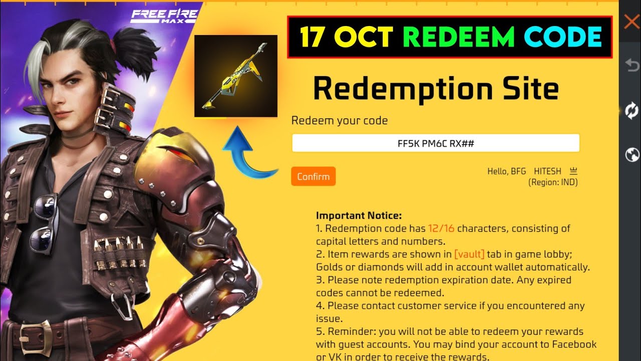 17 October Redeem Code - Garena Free Fire