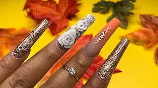 Watch me work 🍁Fall nail design with 3D acrylic nail art