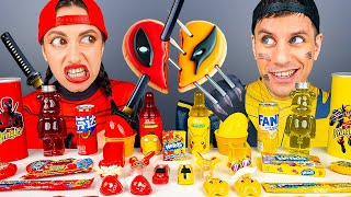 Red Food Vs Yellow Food Challenge Black Yellow Food Challenge Deadpool Vs Wolverine Mukbang By Hu...