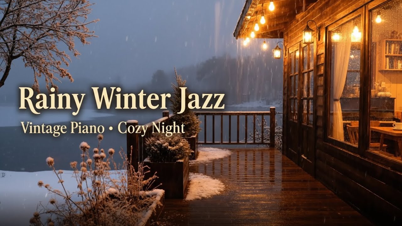 Winter Lake Cabin Jazz ☕ Rain & Snow Piano for Study, Relax & Sleep