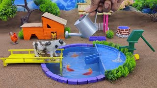 Diy How to build mini Cowshed science project | cow washing idea with diy fish pond | fountain idea