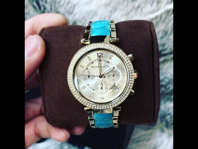 Michael Kors Parker Gold-Tone and Blue Acetate Chronograph Watch class=