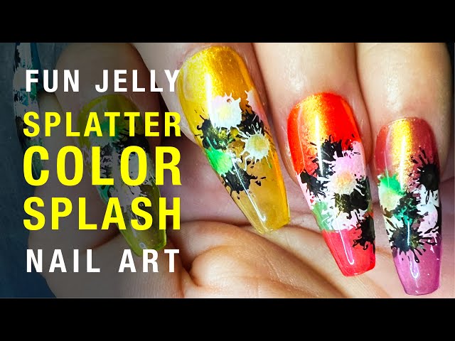 Splatter Color Splash Fun Jelly Nail Art with sticky stamping polishes and dry coloring golden pearl