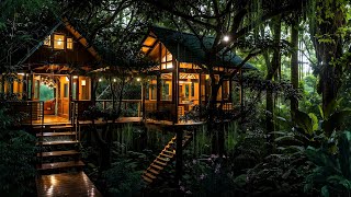 Relaxing Rain Sound Ambience for Deep Sleep in Cozy Treehouse in Rainforest Filled with Plants