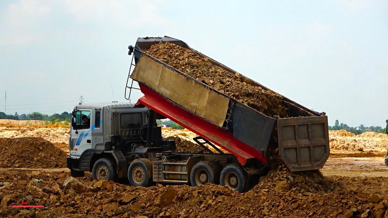 awesome work fast dumper truck with bulldozer soils pushing and unload