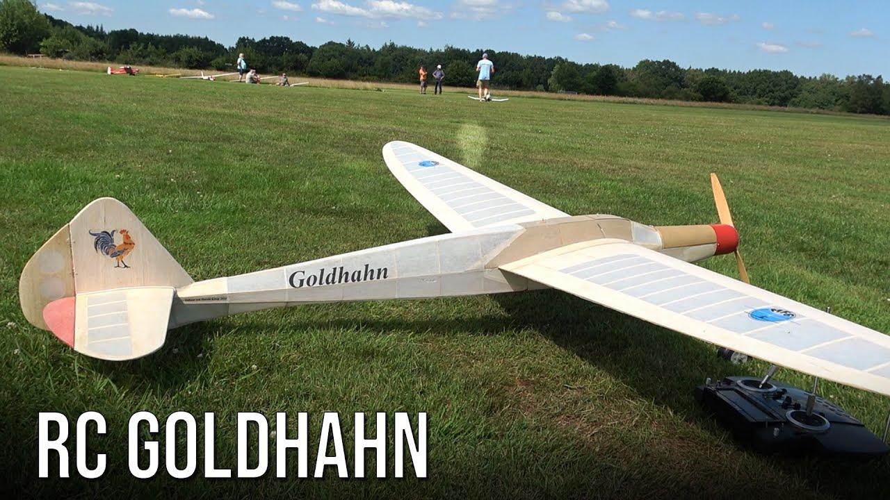 Antique Model Goldhahn! Nice Old Retro RC Motor Glider Goldhahn Flying At Flight Show