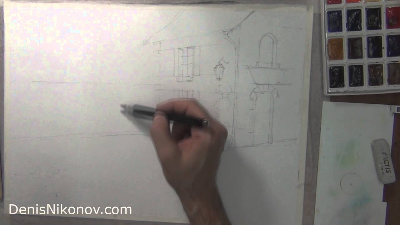 южный дворик акварелью