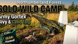 Solo wild camp using my Army Gortex bivy bag and a army camouflage tarp in a Northumberland forest.