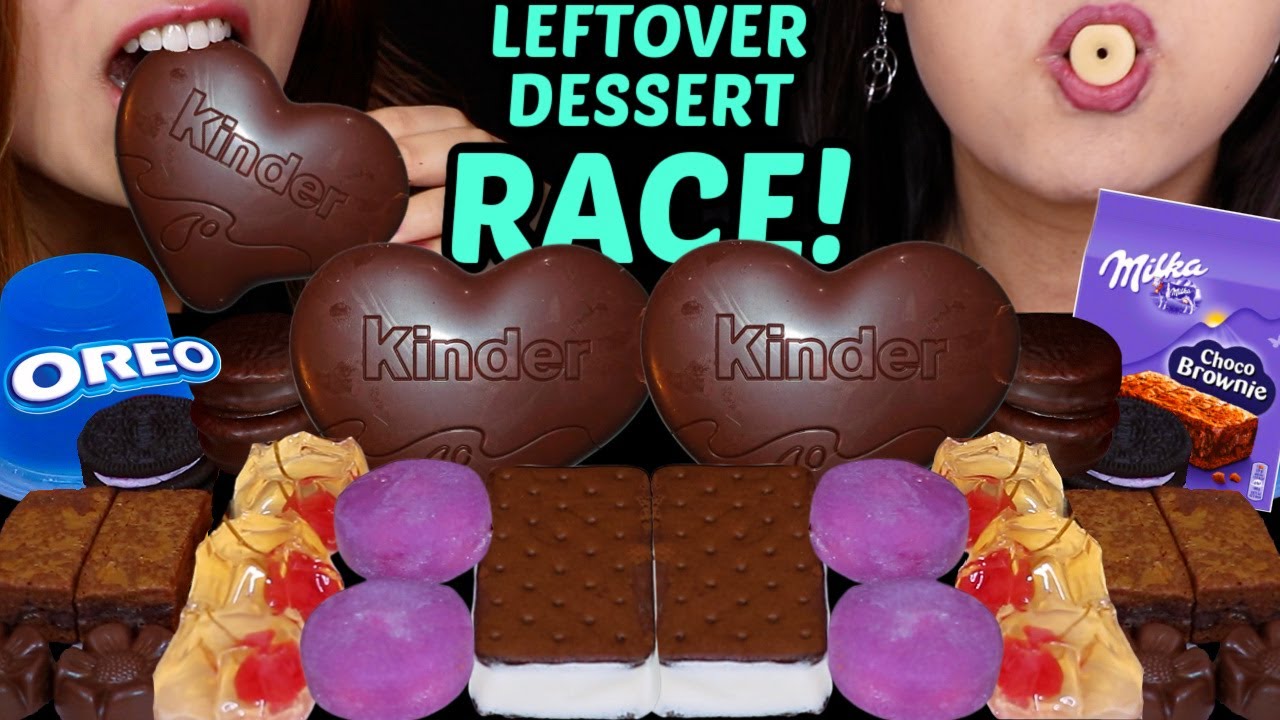 ASMR LEFTOVER DESSERT RACE! KINDER LOVE CHOCOLATE, PURPLE MOCHI ICE CREAM, MILKA CHOCO BROWNIE, OREO